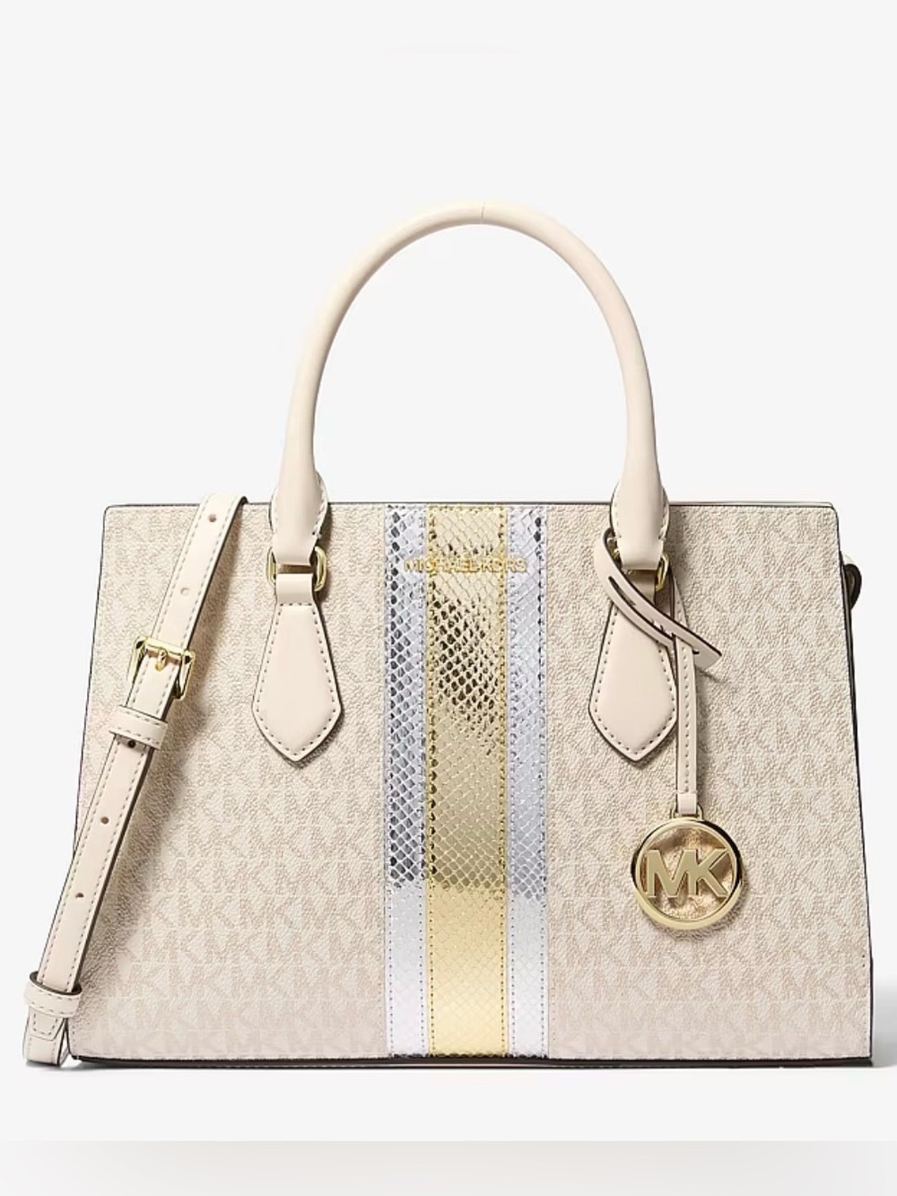 NWT Michael Kors Sheila Medium Signature Logo and Metallic Satchel